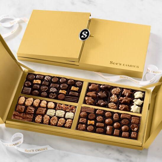 imageSees Candies Gift of Elegance Impressive Gold Gift Box with Assorted Chocolates Truffles Caramels Candy Bars amp More 553 oz
