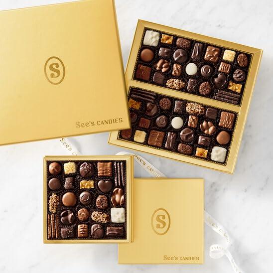 imageSees Candies Gold Fancy Elegant Gift Box Gourmet Milk amp Dark Chocolate Assortment 16 oz